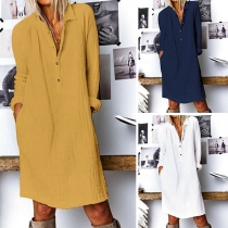 Fashion Solid Color Long Sleeve POLO Collar Shirt Dress
