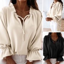 Fashion Solid Color Trumpet Sleeve Lace-up V-neck Top