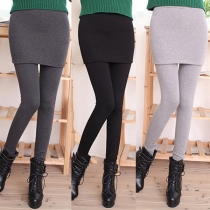 Fashion Solid Color Plush Lining High Waist Mock Two-piece Leggings