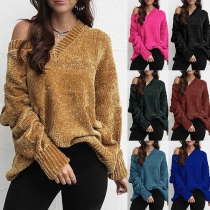 Fashion Solid Color Long Sleeve V-neck Loose Sweater