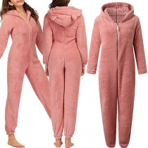 Cute Style Long Sleeve Hooded Plush One-piece Nightwear