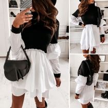 Fashion Contrast Color Long Sleeve Mock Neck Dress