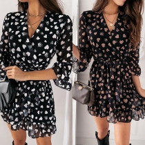 Sweet Style 3/4 Sleeve V-neck Ruffle Hem Heart Printed Dress