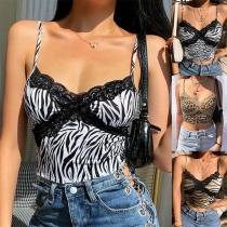 Sexy Backless V-neck Lace Spliced Sling Crop Top