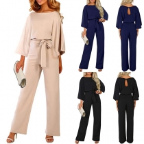 Elegante einfarbige 3/4-Ärmel Rundhals hoch taillierte Jumpsuit