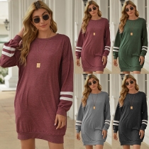 Fashion Striped Spliced Long Sleeve Round Neck T-shirt Dress