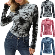 Fashion Tie-dye Printed Long Sleeve Mock Neck T-shirt
