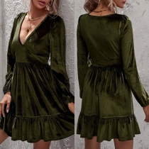Sexy Deep V-neck Long Sleeve Ruffle Hem Solid Color Dress