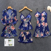 Sexy Lace Spliced Sling Top + Shorts + Sling Dress + Robe Nightwear Four-piece Set (No Elastic)