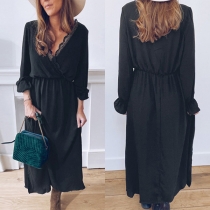 Fashion Solid Color Long Sleeve High Waist Lace Spliced V-neck Dress