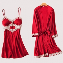 Sexy Lace Spliced Sling Nightwear Dress + Robe Two-piece Set