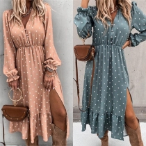 Sexy V-neck Slit Ruffle Hem Long Sleeve Dots Printed Dress