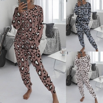 Fashion Leopard Printed Long Sleeve Top + Pants Two-piece Set