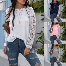 Fashion Lace Spliced Long Sleeve Round Neck T-shirt