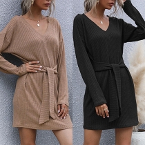 Fashion Solid Color Long Sleeve V-neck Lace-up Dress