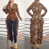 Sexy V-neck Long Sleeve High-low Hem Printed Top