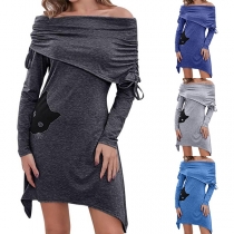 Cute Cat Printed Long Sleeve Boat Neck Irregular Hem Dress