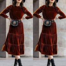 Elegant Solid Color Long Sleeve Round Neck High Waist Dress