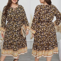 Fresh Style Long Sleeve Round Neck Printed Over-sized Dress