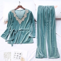 Fashion Lace Spliced V-neck Long Sleeve Top + Pants Nightwear Set