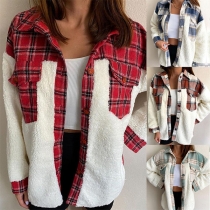 Stand Collar Plush Spliced Shirt Style Plaid Pattern Jacket