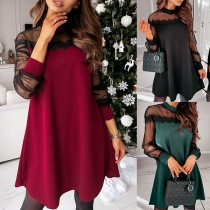 Sexy Gauze Spliced Long Sleeve Mock Neck Loose Dress