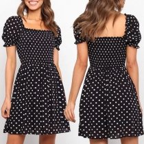 Sexy Square Collar Puff Sleeve High Waist Dots Printed Dress