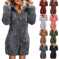 Fashion Solid Color Long Sleeve Hooded Plush Pajamas