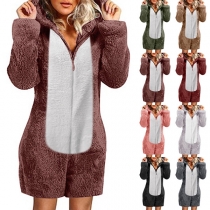 Fashion Contrast Color Long Sleeve Hooded Plush Pajamas