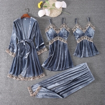 Sexy Lace Spliced Sling Top + Sling Dress + Pants + Robe Nightwear Four-piece Set
