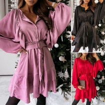 Fashion Lantern Sleeve Round Neck Ruffle Hem Solid Color Dress