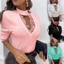 Sexy Lace Spliced V-neck Long Sleeve Solid Color T-shirt