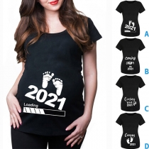 Cute Footprint Printed Short Sleeve Round Neck Maternity T-shirt