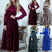 Elegant Solid Color Long Sleeve Round Neck High Waist Pleated Hem Dress
