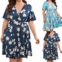 Fresh Style Long Sleeve V-neck High Waist Printed Dress
