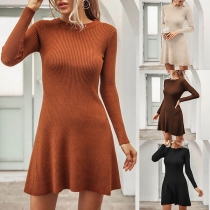 Fashion Solid Color Long Sleeve Round Neck Knit Dress