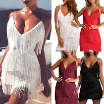 Sexy Backless V-neck Solid Color Sling Tassel Dress