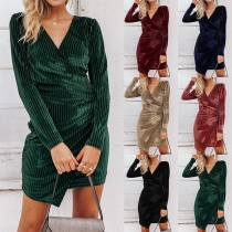 Sexy Deep V-neck Long Sleeve Irregular Hem Solid Color Slim Fit Dress