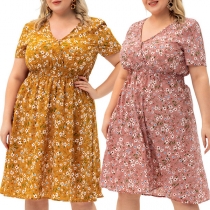 Sexy V-neck Short Sleeve High Waist Plus-size Printed Dress