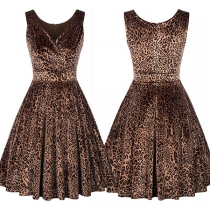 Sexy V-neck Sleeveless High Waist Leopard Printed Dress