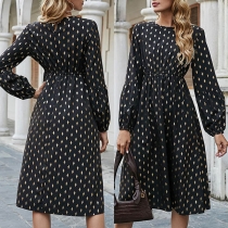 Fashion Long Sleeve Round Neck High Waist Dots Printed Dress