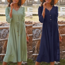 Fashion Solid Color 3/4 Sleeve V-neck Ruffle Dress