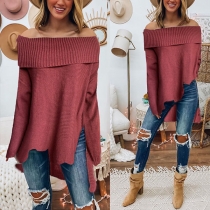 Sexy Off-shoulder Boat Neck Long Sleeve Irregular Hem Knit Top