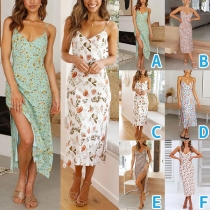 Sexy Backless V-neck Slit Hem Leopard Printed Sling Dress