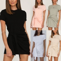 Fashion Solid Color Short Sleeve Round Neck Lace-up Dress