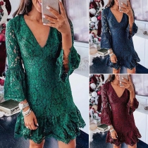 Sexy V-neck Trumpet Sleeve Ruffle Hem Slim Fit Lace Dress