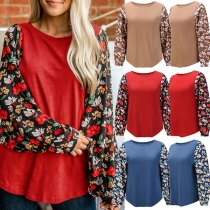 Fashion Printed Spliced Long Sleeve Round Neck T-shirt