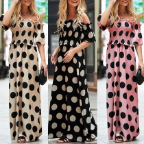 Sexy Off-shoulder Boat Neck Short Sleeve High Waist Dots Printed Dress