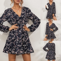 Sexy V-neck Long Sleeve Ruffle Hem Printed Dress