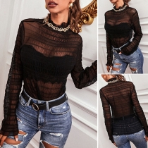 Sexy Long Sleeve Mock Neck See-through Gauze Top